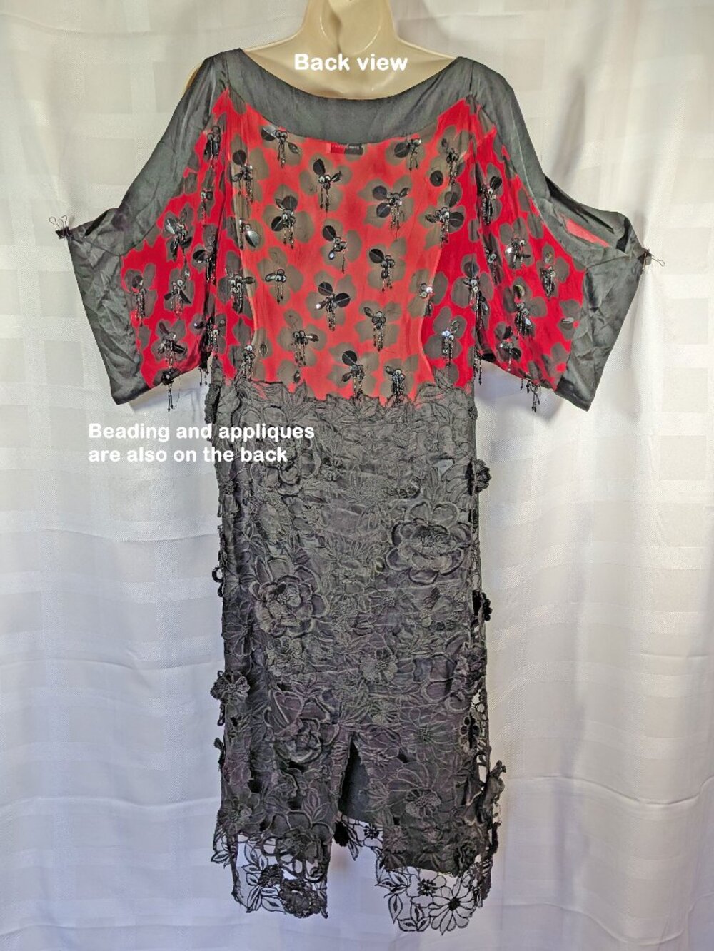 Dries Van Noten Silk Black & Red Floral Applique Dress, 38" bust, Made in India - Picture 12 of 17